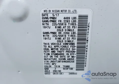 2017 Nissan Rogue Sl из США, поврежденный, VIN JN8AT2MT4HW398256